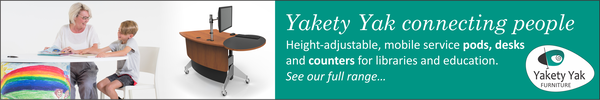 Ad for Yakety Yak. Yakety Yak connecting people. Height-adjustable, mobile service pods, desks and counters for libraries and education. See our full range.